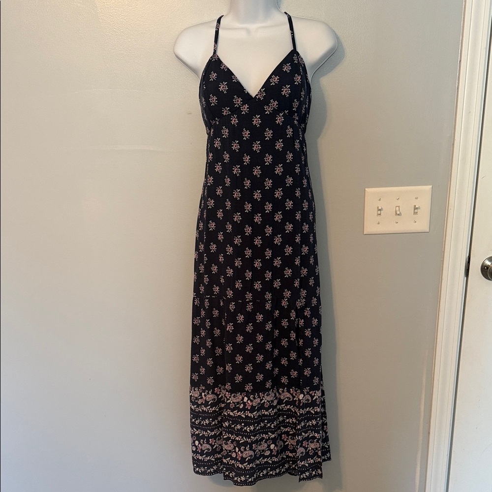Hollister Navy Maxi Dress with Pink Floral Design